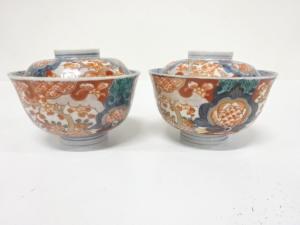 古伊万里　染錦　蓋茶碗　2客